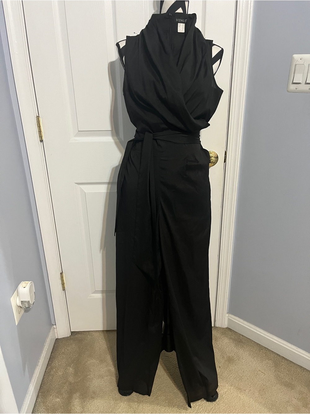 Venus, 6, Black Draped Sleeveless Jumpsuit with Waist Tie